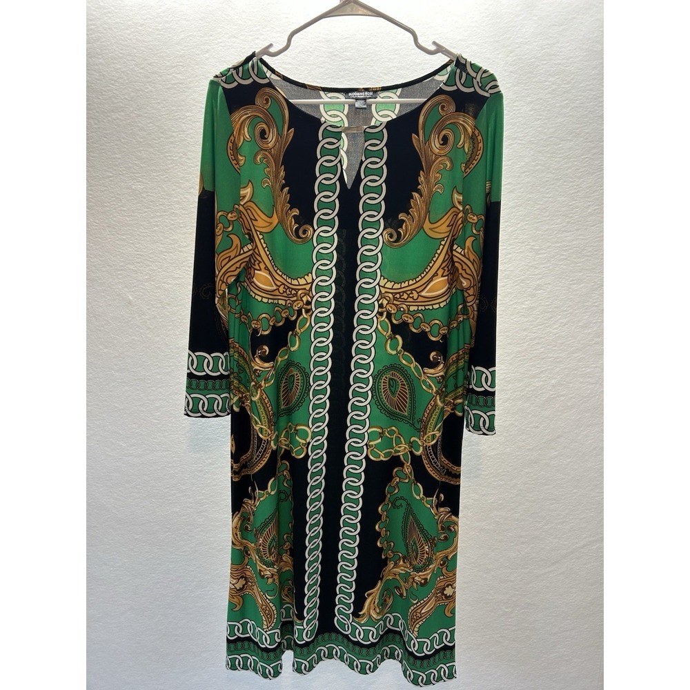Blooming Rose Womens Black Green Gold  Neck Detail Knee Length Shift Dress 1X